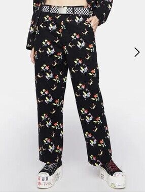 OBEY Futuristic Black & Digital Floral Funky Wide-Leg Carpenter Pants (US 25)